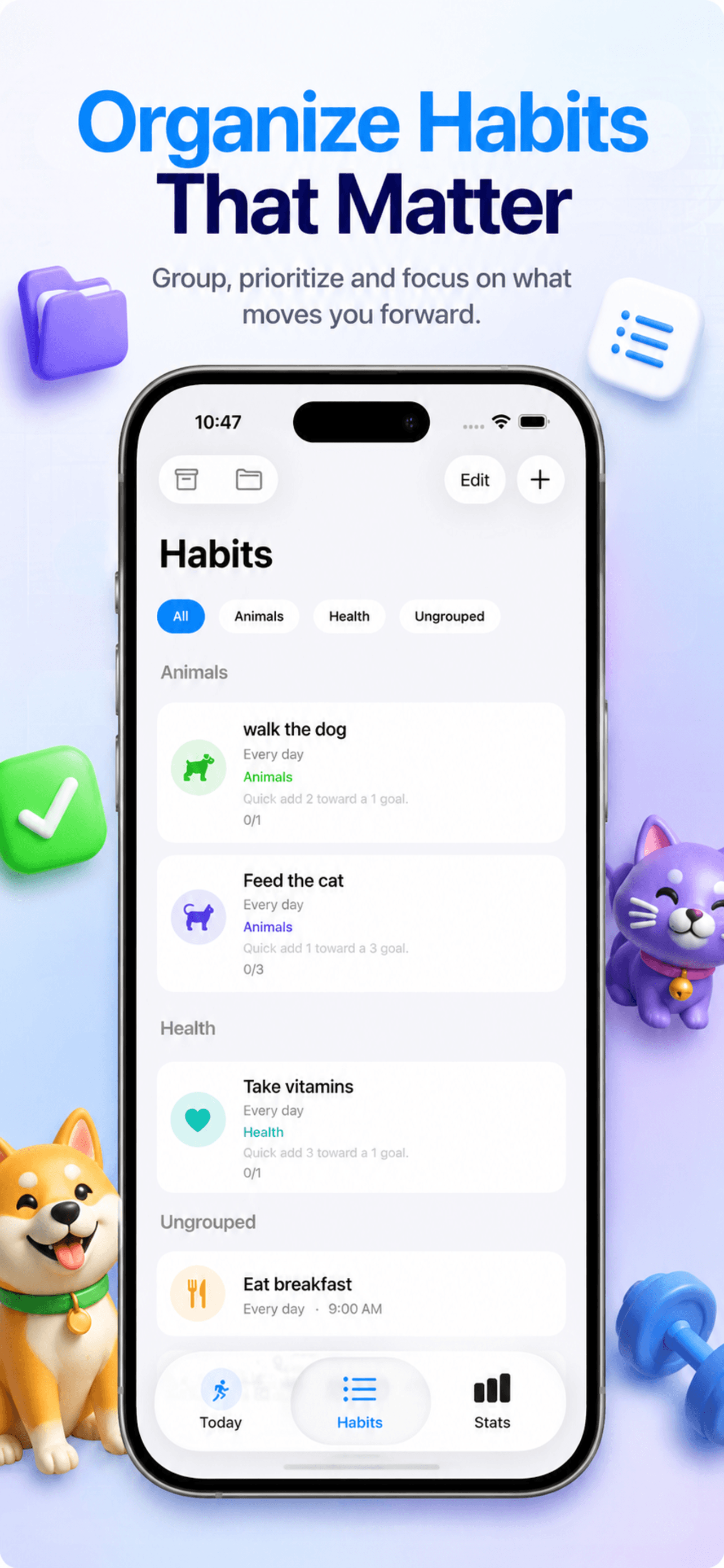 Habits screen in Dailo